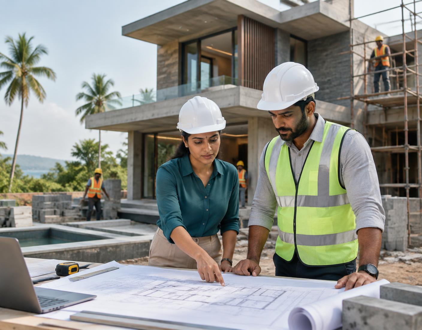 Architect and civil engineer reviewing a building plan at a Karnataka project site